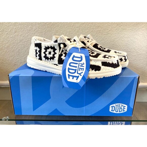 Hey Dude Shoes - Hey Dude Wendy Cottage Crochet Black White Slip On Shoes Sneakers - Women’s 7